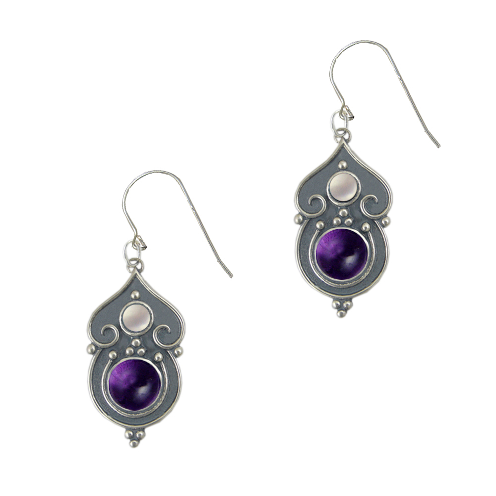 Sterling Silver Gothic Inspired Drop Dangle Earrings With Amethyst And Cultured Freshwater Pearl